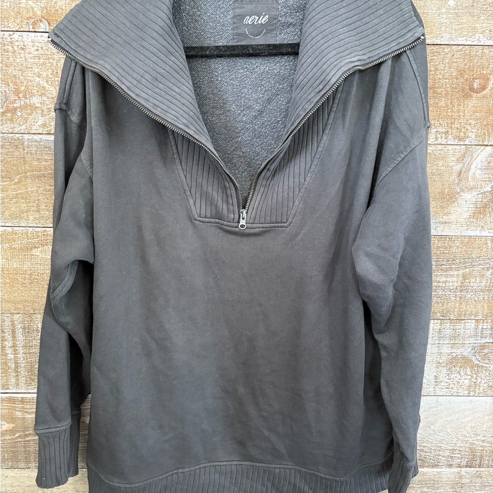 aerie 1/4 Zip-Up Ribbed Collar Sweater - Charcoal